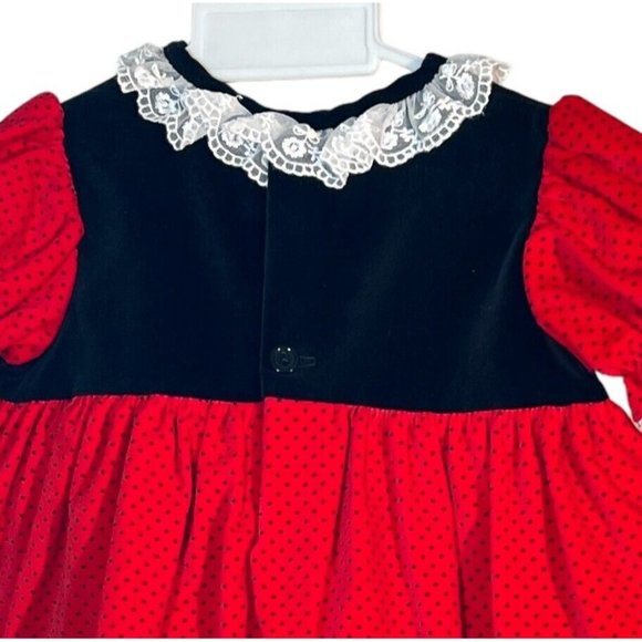 New Toddler Girl Red Dress Size 18 Month Velvet Black Rose Lace Polka Dot VTG - Picture 4 of 6